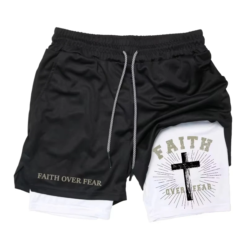 

Summer 2-in-1 Double Layer Shorts Men Cross Bible Print Gym Fitness Quick Dry Beach Sports Shorts ZY00179