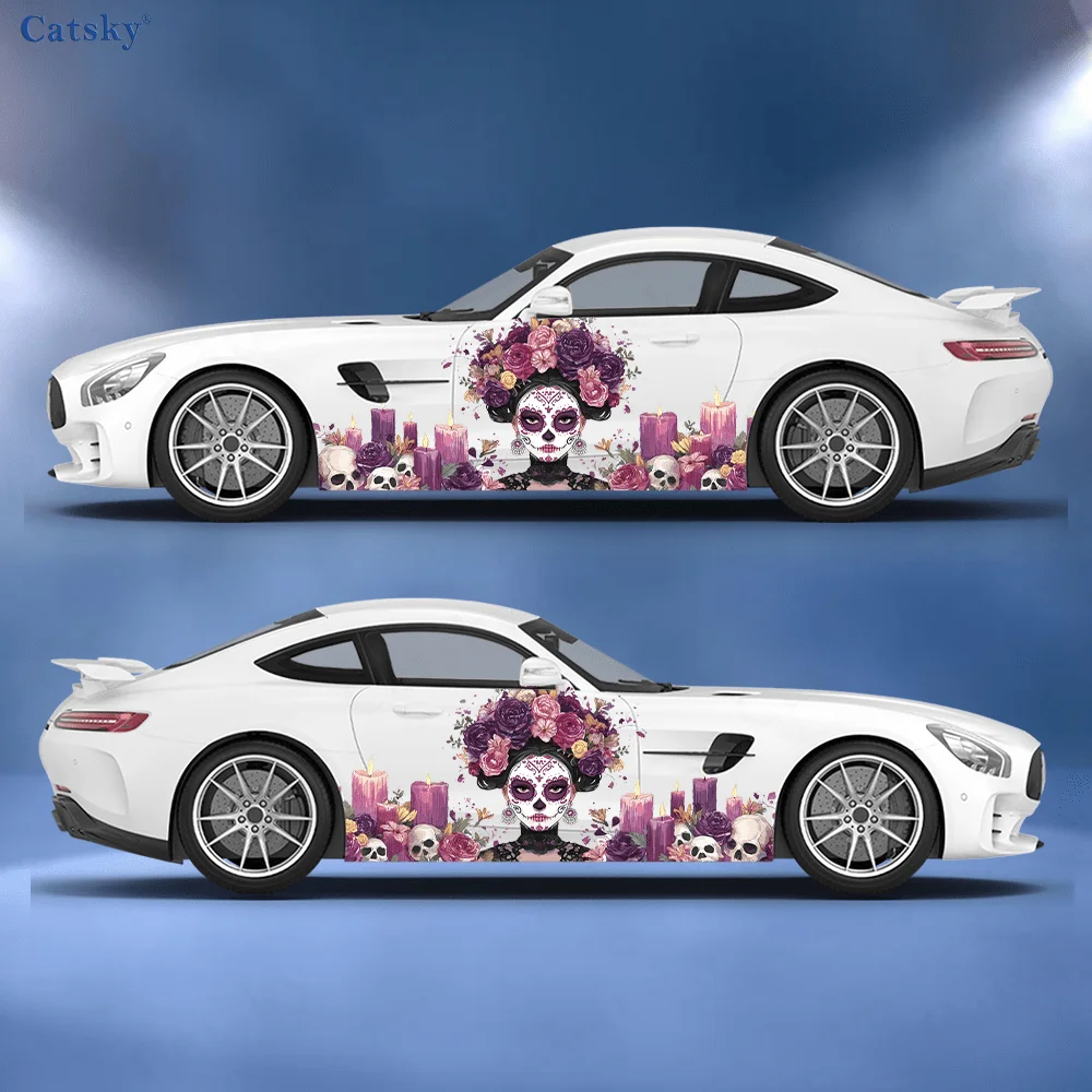 Woman in Day of The Dead Makeup Car Side Car Wraps, Self-Adhesive PVC Waterproof & Scratch-Resistant Sticker, Car Accessory Gift
