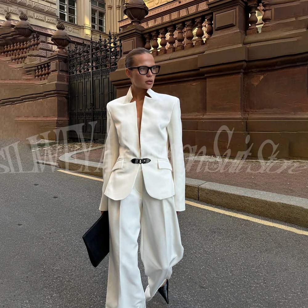 بدلة بيضاء فاخرة للنساء 2 قطعة سترة السراويل مكتب سيدة شيك وتتسابق موضة بنطلون الذكية عادية أنثى السترة مجموعة #1