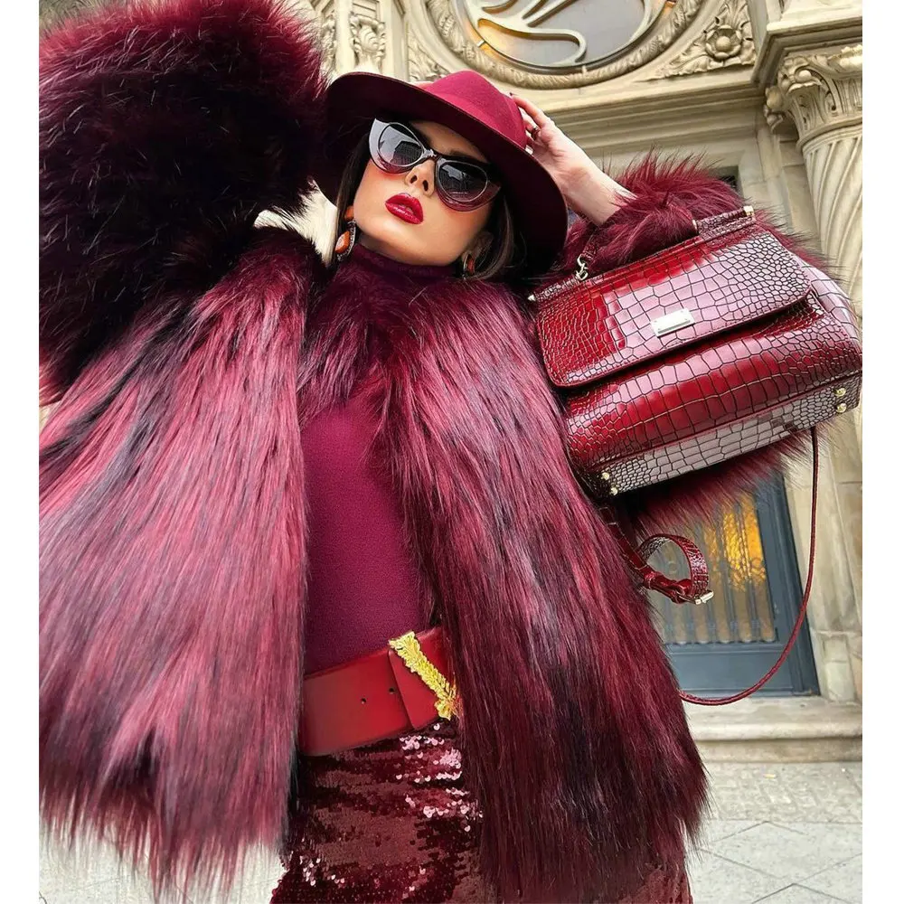 BFFUR Fashion Wine Red Fox Fur Coats Real Women Natural High Quality Fox Fur Jacket Round Collar Luxury Woman Fur Overcoats