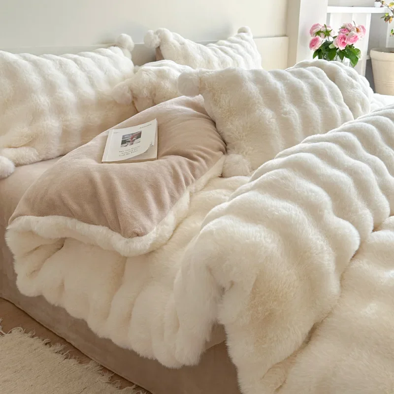 Customizable Simple Wind Winter Warm Rex Rabbit Hair Four-piece Set