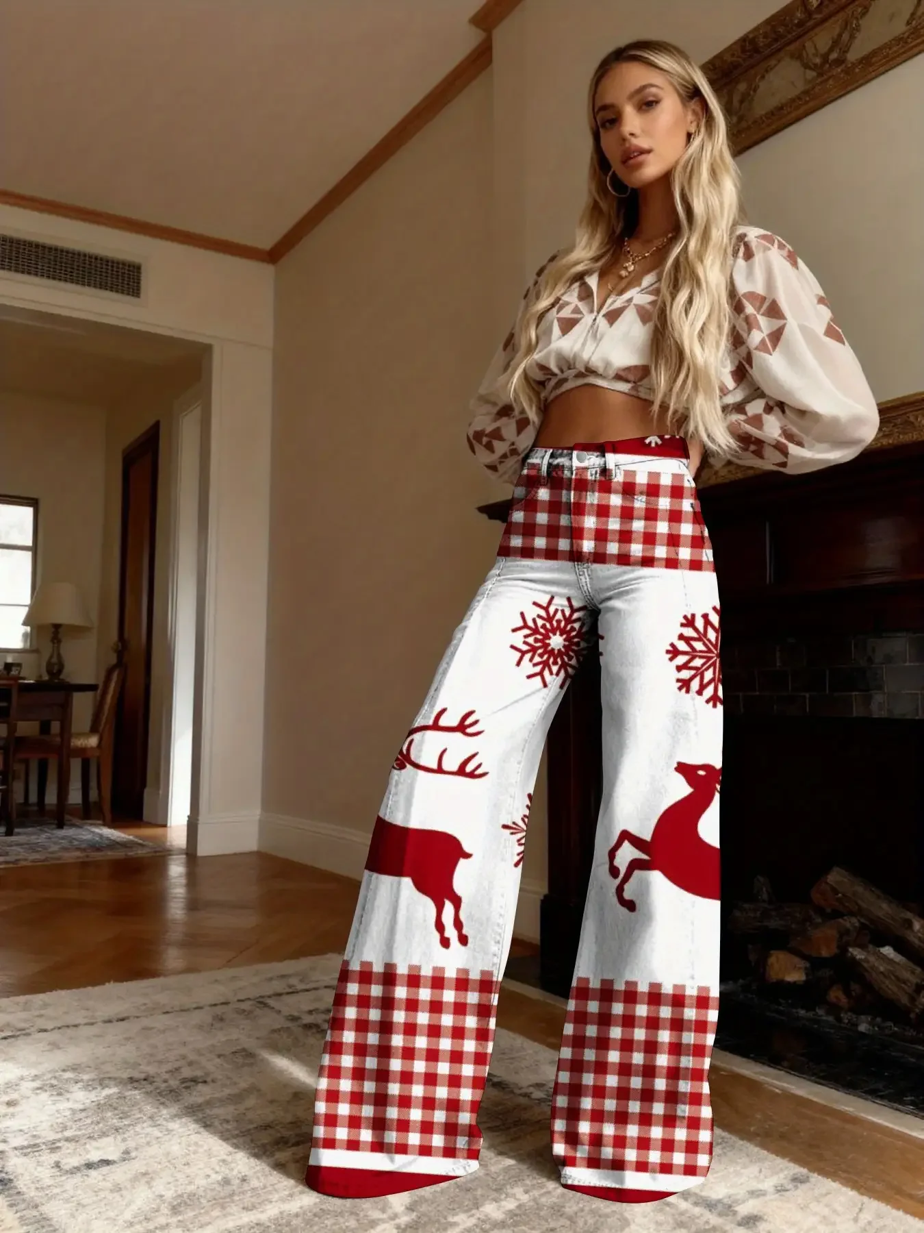 3D Women's Imitation Jeans Christmas Style Christmas Tree Bow Print High Waist Stretch