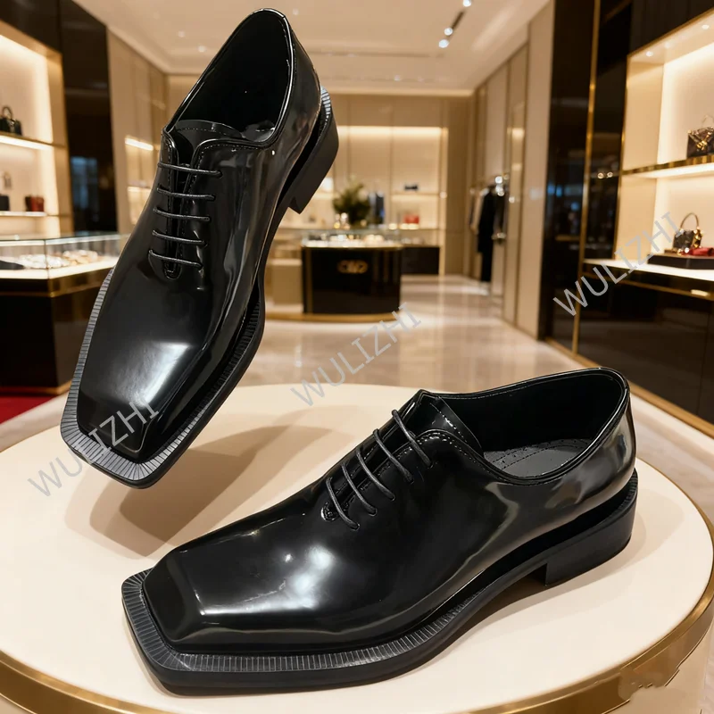 

Black Matte Men's Square Toe Casual Business Oxfords Wedding Flat Bottom Thick Heel Loafers Lace-Up Genuine Leather Derby Shoes