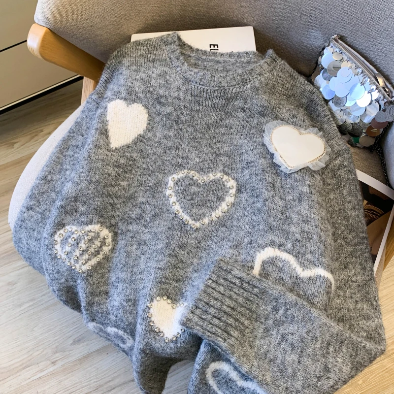 المرأة رمادي البلوز سترة Y2k خمر 2000s س الرقبة البلوز متماسكة طويلة الأكمام سترة كبيرة الحجم مع القلب الخريف الشتاء 2025 #3