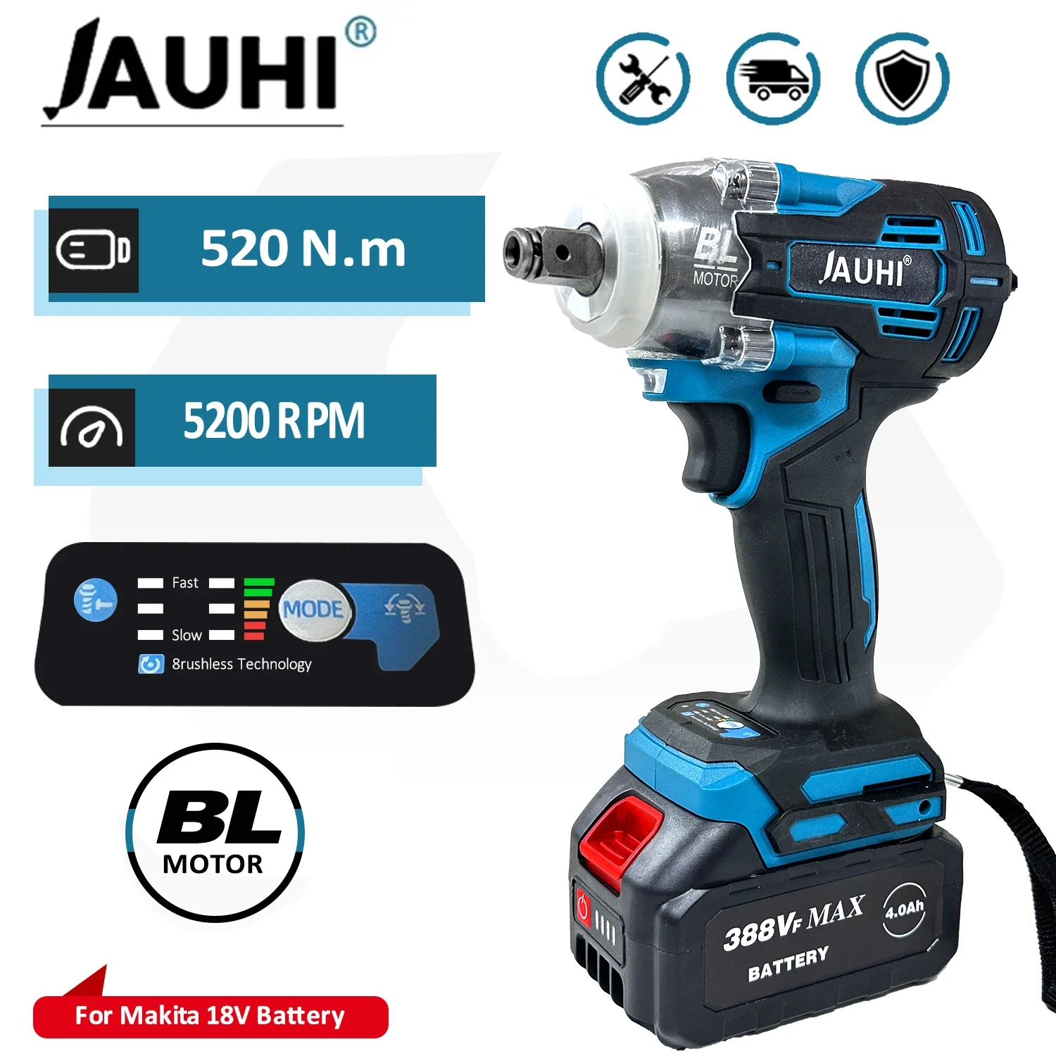 

JAHUI 520N.m cordless Electric Impact Wrench 5200rpm Brushless Wrench 1/2inch Screwdriver For Makita 18V Battery Power Tools