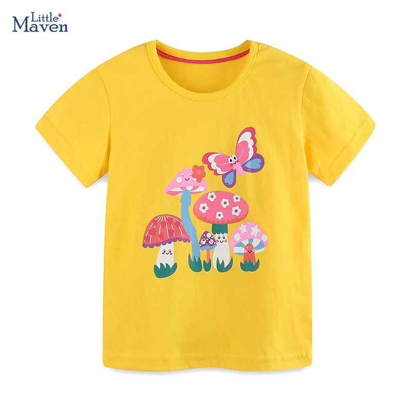 Little maven Baby Girls Kids Clothes 2024 Fashion New Summer Tops Children's Clothing Yellow T-shirts Cartoon Mushroom Infant