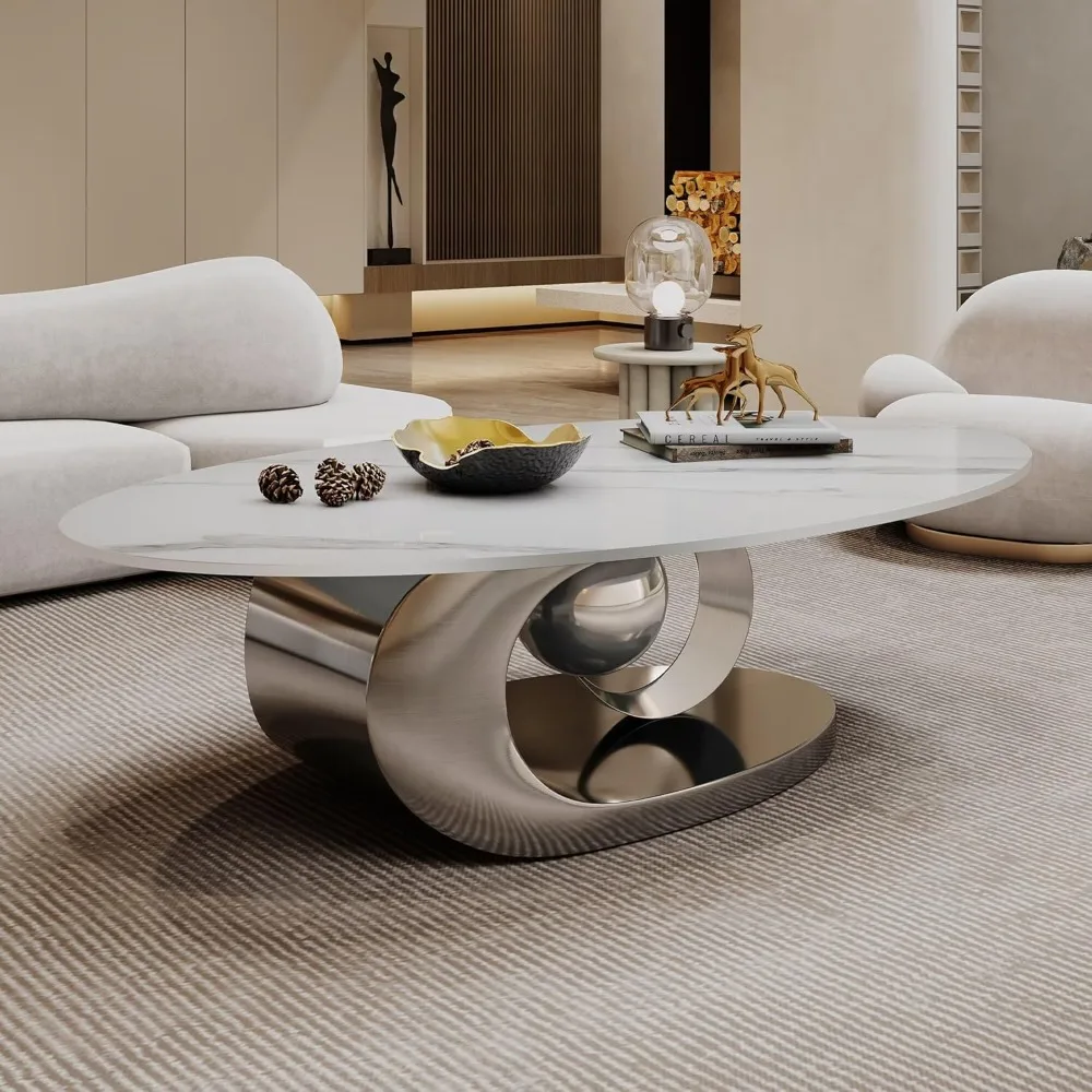 

51.2" Modern Oval Stone Coffee Table with Silver Metal Base - Scratch-Resistant Rock Slab Top, Aviation-Grade Design - Stylish