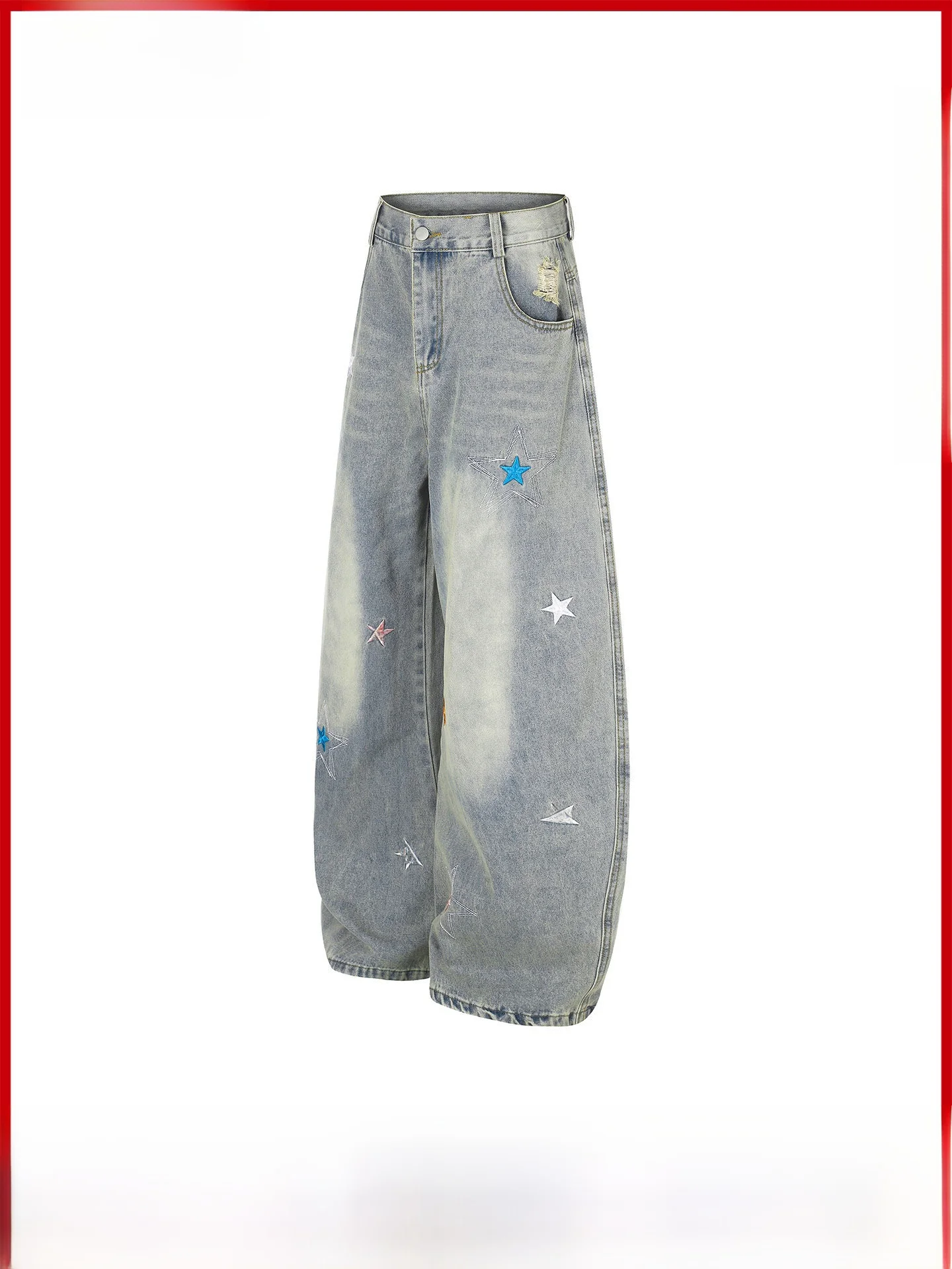 American Retro Star Embroidery Oxidized Knife  Jeans Men's Draped INS Trendy Loose Wide Leg Pants Cotton Polyester Blend