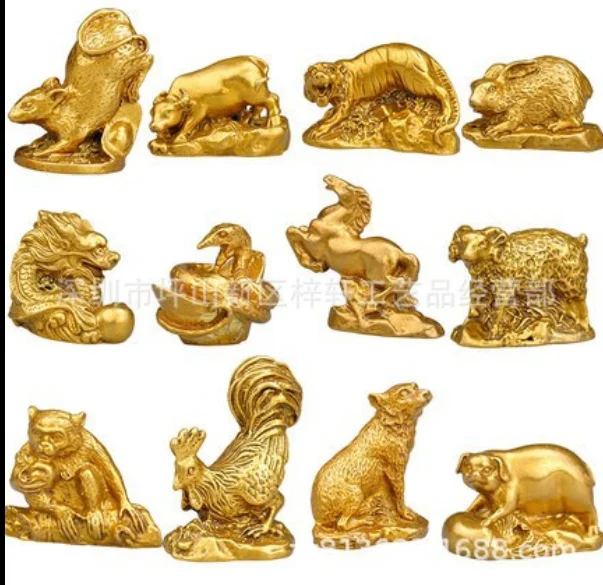 wholesale 12pc set Imitation brass gold ornaments animal signs rat cattle tiger rabbit dragon snake horse she Arts Crafts Statue