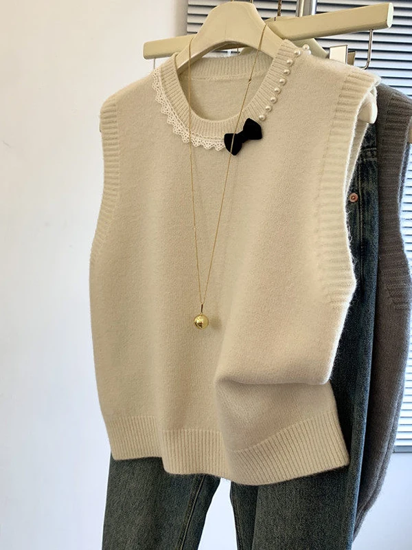 Sweet Soft Knitted Pearl Chain round Neck Vest Women's Spring New Style Top Layered Outerwear Shirt Girl's Loose Fit Regular ...