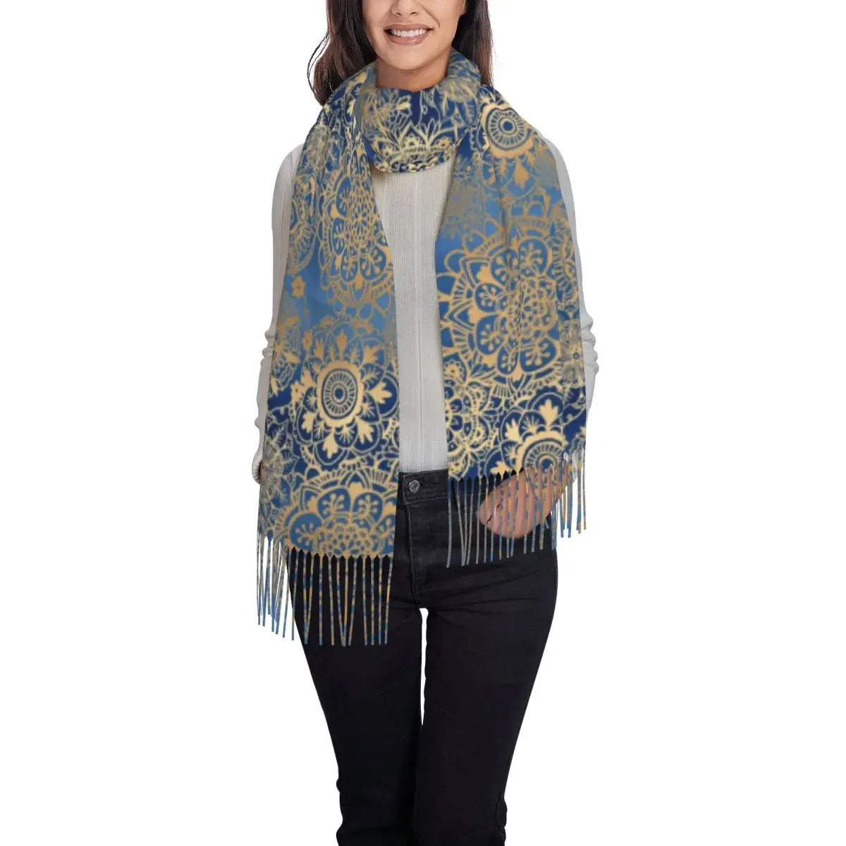 Womens Scarf Warm Soft Vintage Metallic Print Head Scarves with Long Tassel Gold Mandala Casual Shawl Wrap Winter Bufanda Mujer