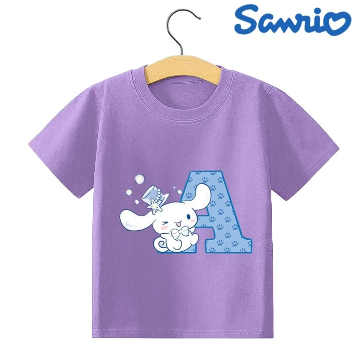 

Лидер продаж 2024, детская футболка Sanrio Cinnamoroll с надписью A-Z, кавайная футболка для девочек, летняя одежда с короткими рукавами и героями мультфильмов