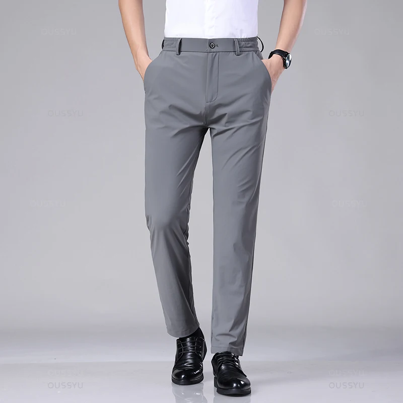 Spring Summer Men's Casual Pants Business Stretch Slim Fit Elastic Waist Jogger Korean Classic Thin Black Gray Trousers Male