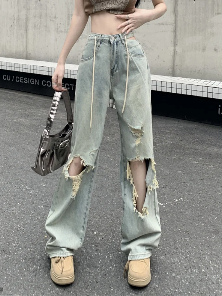 

Retro Hollow Out High Waist Hole Wide Leg Jeans Women's Summer New Fashion Loose Fit Denim Pants