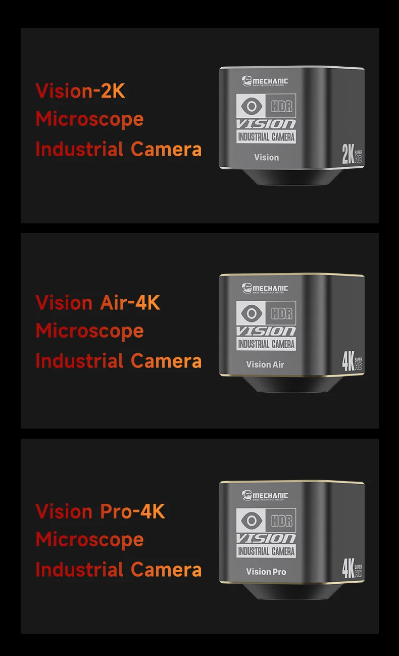 Câmera de microscópio mecânica série visão 4k hdr 800w 1.8 Polegada sensor sony saída hdmi controle sem fio ferramenta de imagem de inspeção