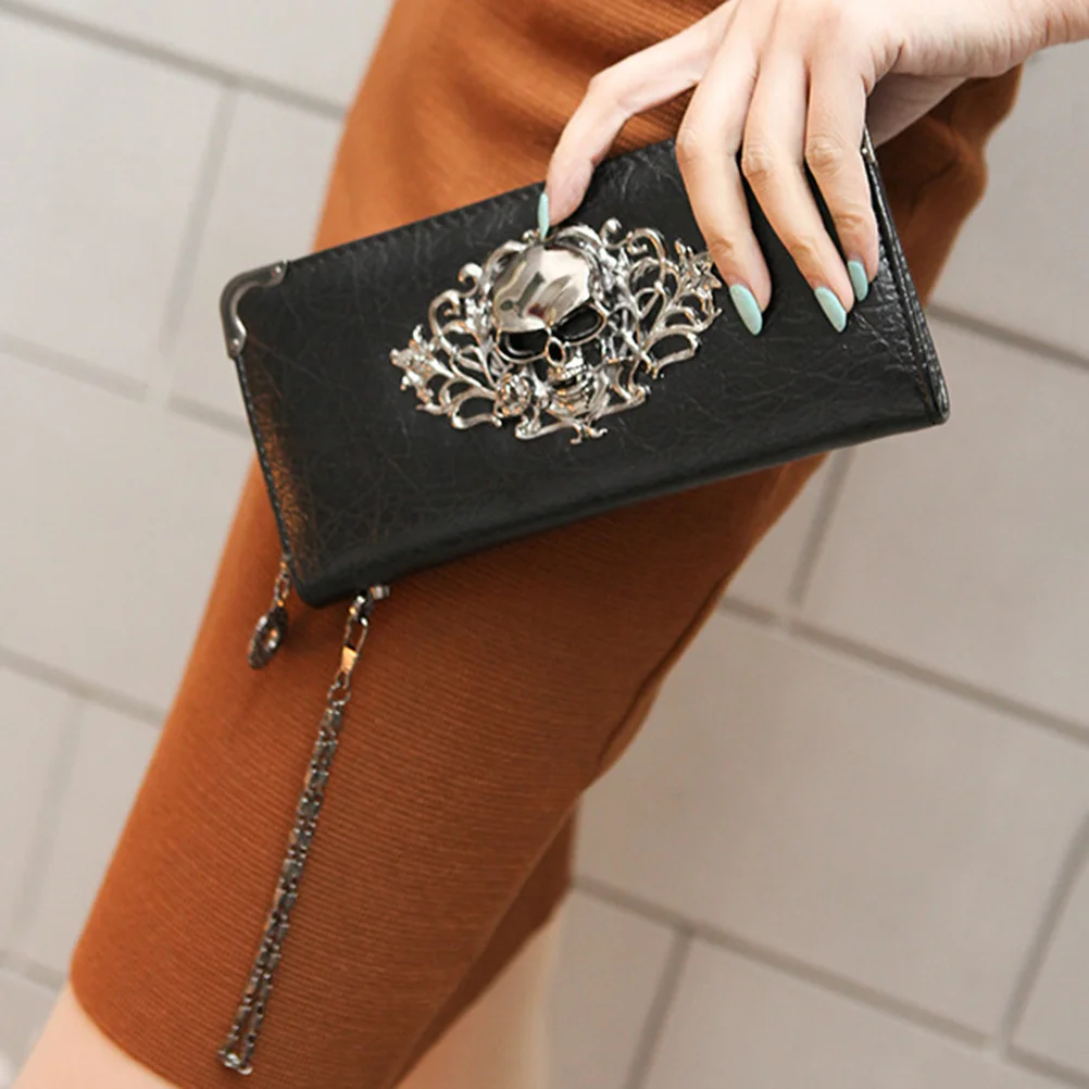 Versione coreana lunga retrò punk modello teschio pochette nera portafoglio da donna donna lungo stile punk retrò modello teschio