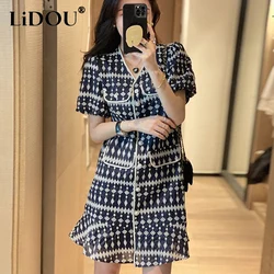 Summer Oversized Elegant Fashion Printing Single Breasted Mini Dress Women Short Sleeve Hollow Out Robe Femme Casual Vestidos