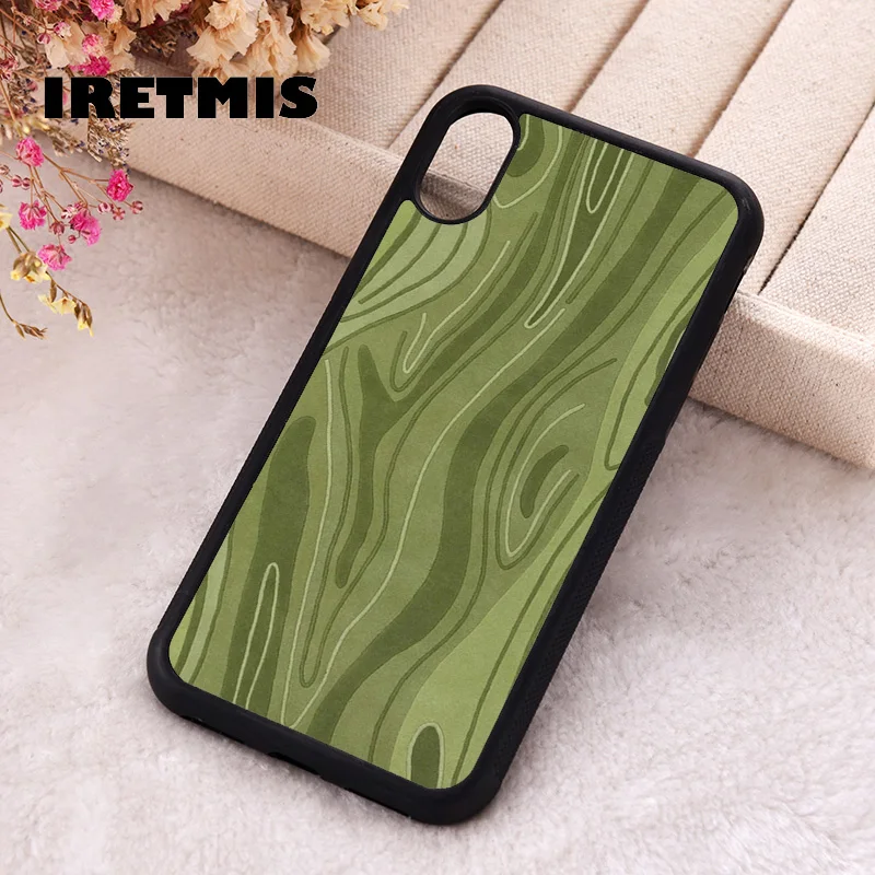 Iretmis Phone Cover Case For iPhone X XS Max XR 11 12 13 PRO MINI 14 15 16 Plus Rubber Silicone Green Wood Grain