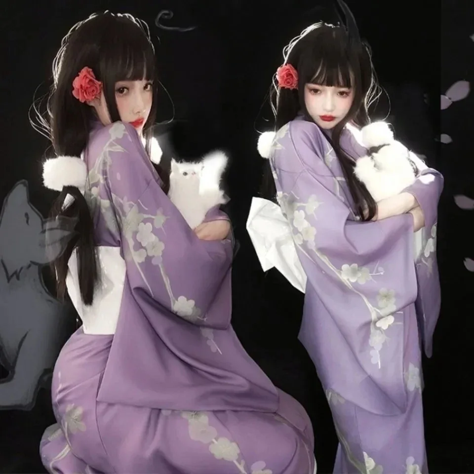 

Japanese Kimono Traditional Japanese Kimono Purple Yukata New Clothes Obi Japanese Geisha Costume Cosplay Clothing Haori Kimonos