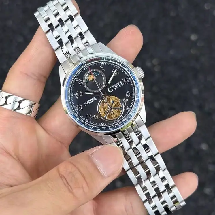 BONEST GATTI Men Automatic Watch 42mm Mechanical Wristwatch Waterproof Sapphire Mirror Luminous Skeleton Flywheel Dial Sun-moon
