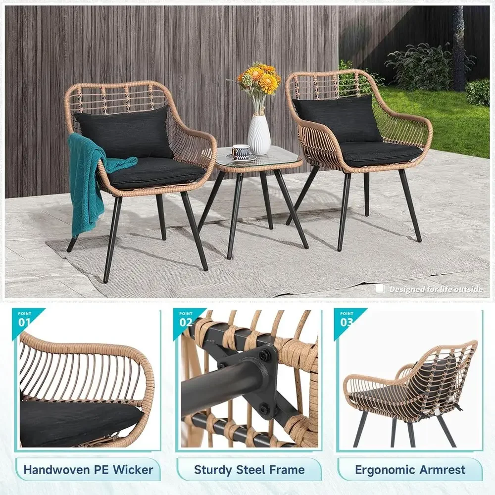 Outdoor Wicker 3-Piece Patio Bistro Set with Glass Top Table and Cushioned Chairs for Balcony, Porch, or Deck view 4