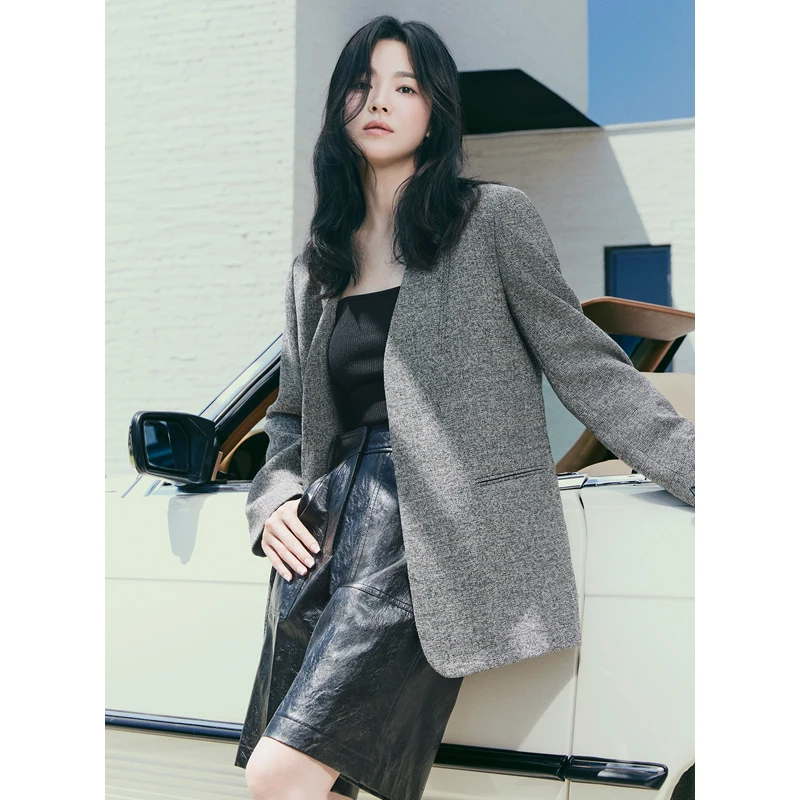 

Ele mat V-Ne No-Cuff Suit Jaet Women's Outerwear Sli Commute Sle Long Sve Mid-Length Pure Color