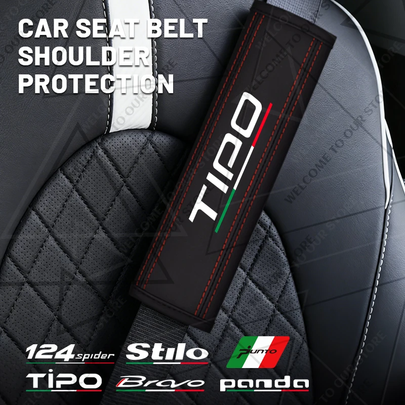 

2Pcs For FIAT Panda Punto Tipo Stilo Bravo 124Spider Emblem Logo Leather Car Safety Belt Shoulder Cover Pads Interior Decoration