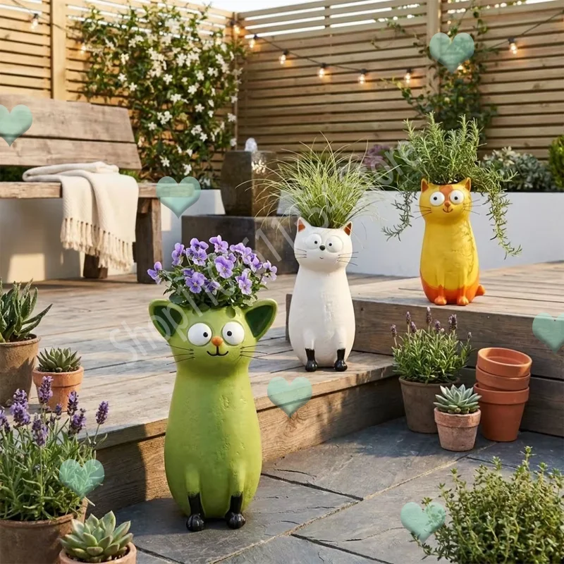 Cute Cat Shaped Resin Vase, Resin Quirky Cat Planter Animal Sculpture Creative Animal Flower Pot