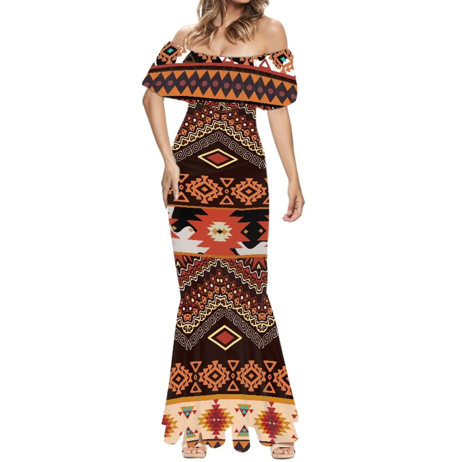 Polynesian Tribal Fijian Totem Tattoo Fiji Prints Women Summer Fashionable Off Shoulder Long Fishtail Skirt Ruffled Midi Skirts