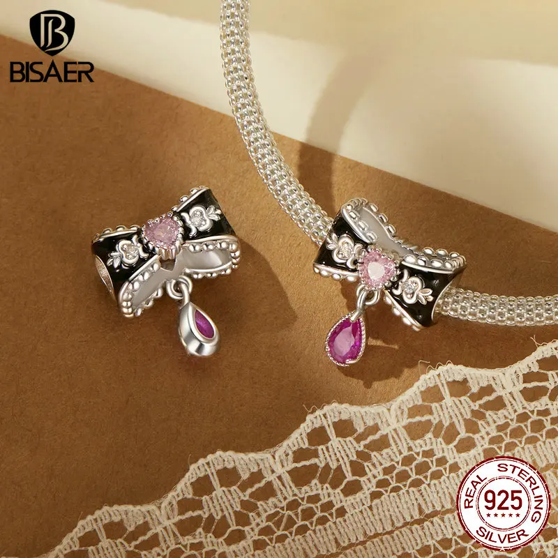 BISAER 925 Sterling Silver Romantico Fiocco di Fascino Arco Catena di Sicurezza Cuore di Silicone Modello di Diamante Perlina per Braccialetti Fai