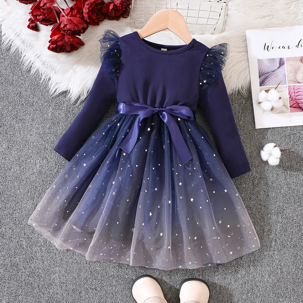 New Girls' Dress for Primary and Secondary School Children Summer Yarn Dress Bowknot Mesh Dress