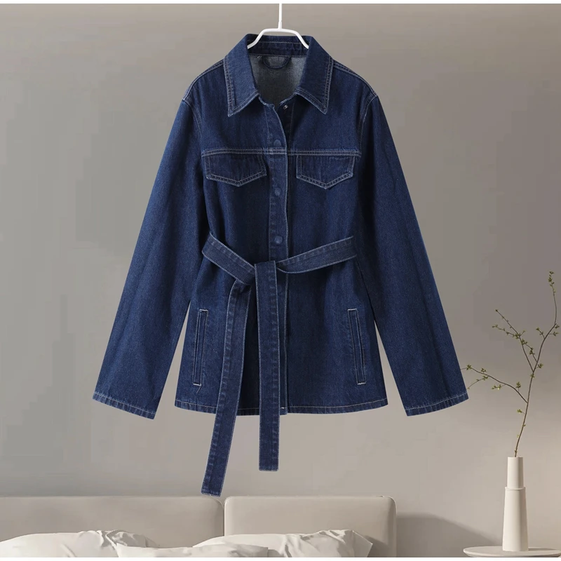 Zweiteiliges Vintage-Jeans-Set für Damen, einreihig, Reversgürtel, Jacke, passende Jeans mit hoher Taille und geradem Bein, lässiges tägliches Outfit – Detail 2