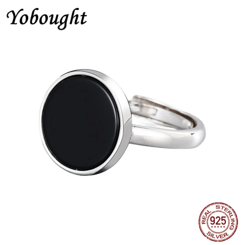 

New Real Sold S925 Silver Jewelry Trendy Black Onyx Round Man and Woman Ring Classic Punk Style