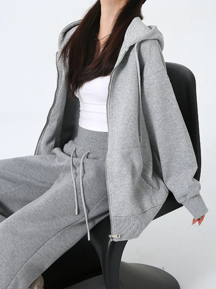Pull à capuche à manches longues avec fermeture éclair pour femme, manteau de sport classique et polyvalent, gris, décontracté, ample, nouvelle collection automne 2025
