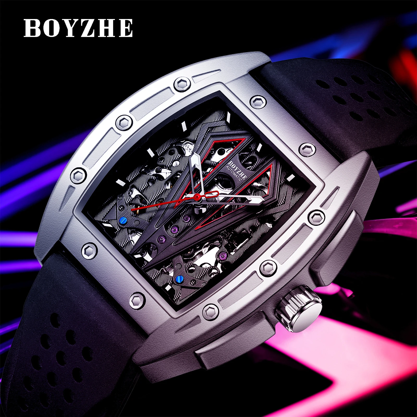 BOYZHE Mechanical Wristwatches Luxury Men Watches Business Silicone Strap Fashion Automatic Skeleton Watch Waterproof Male Clock