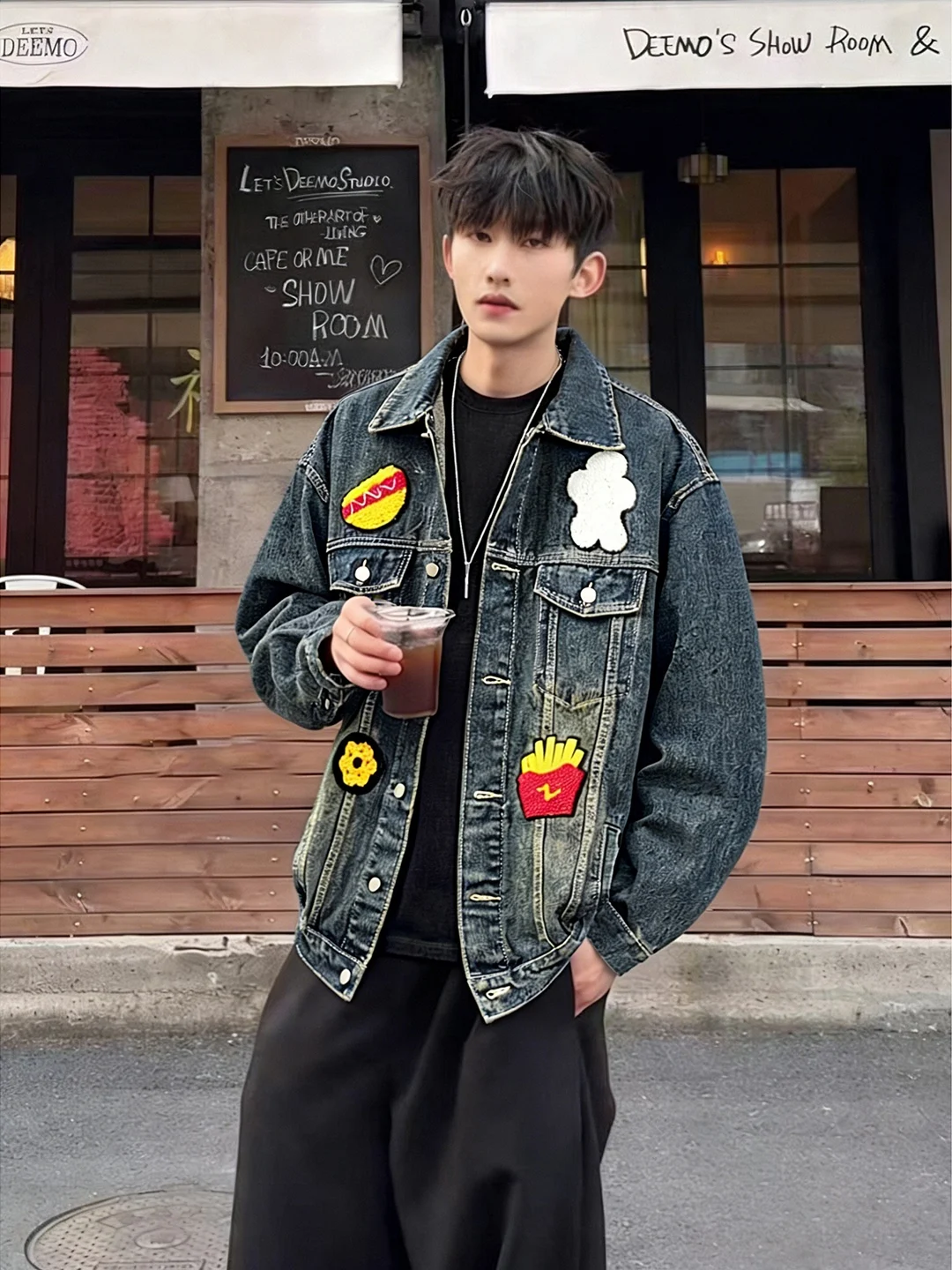 Deep Blue Cartoon Print Men's Denim Jaet Spring American High Street Baseball Jaet Cleanfit Breathable Windproof Warm