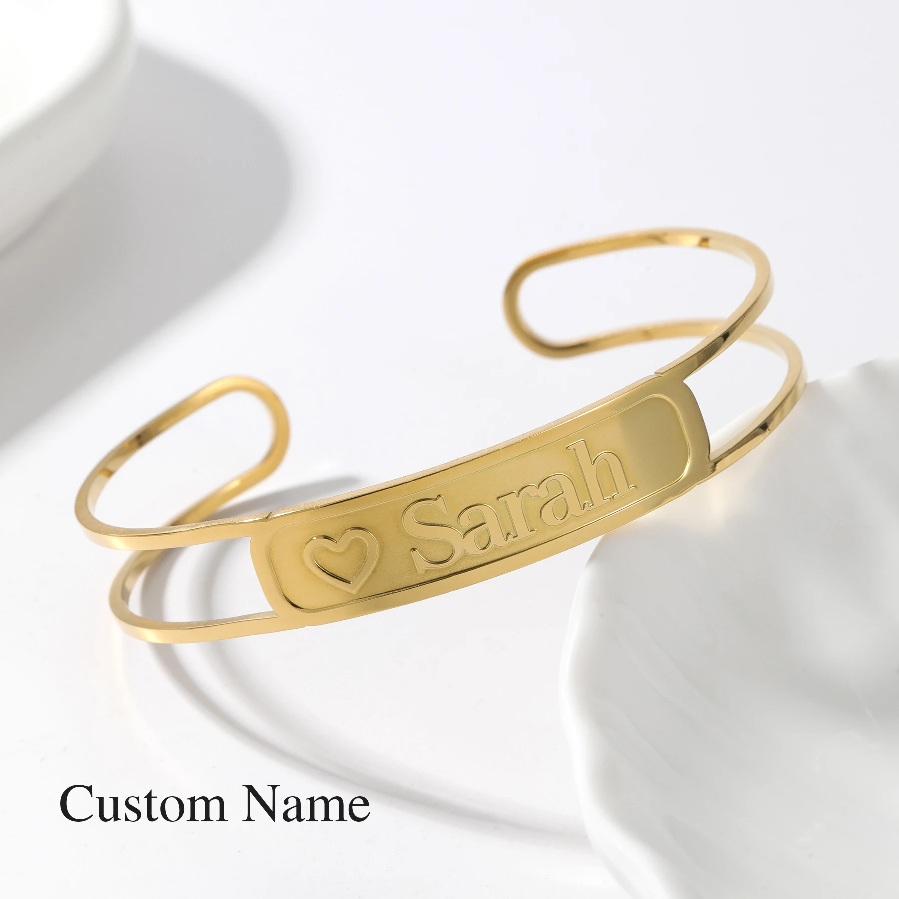 Custom Name Bracelet Stainless Steel Gold Plated Open Cuff Design Heart Charm Personalized Jewelry Christmas Gift For Women