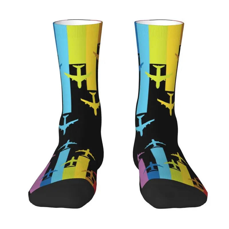 Rainbow Airplanes Chemtrails Men's Crew Socks Unisex Funny 3D Printed Aviation Fighter Pilot Dress Socks