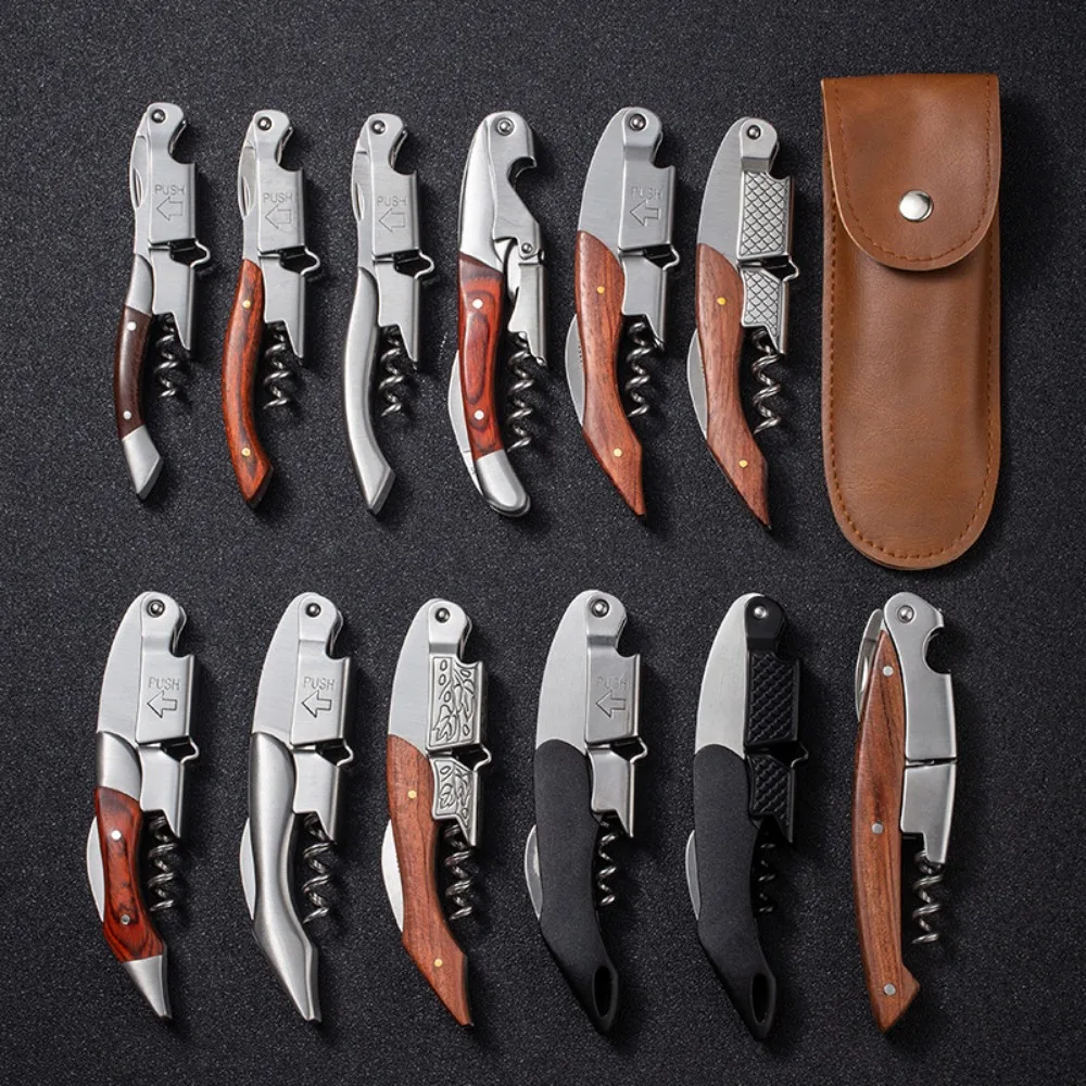 Portable Multifunction Bottle Opener Wine Beer Bottle Opener Professional Corkscrew Wood Grip Wood Stainless Steel Kitchen Bar