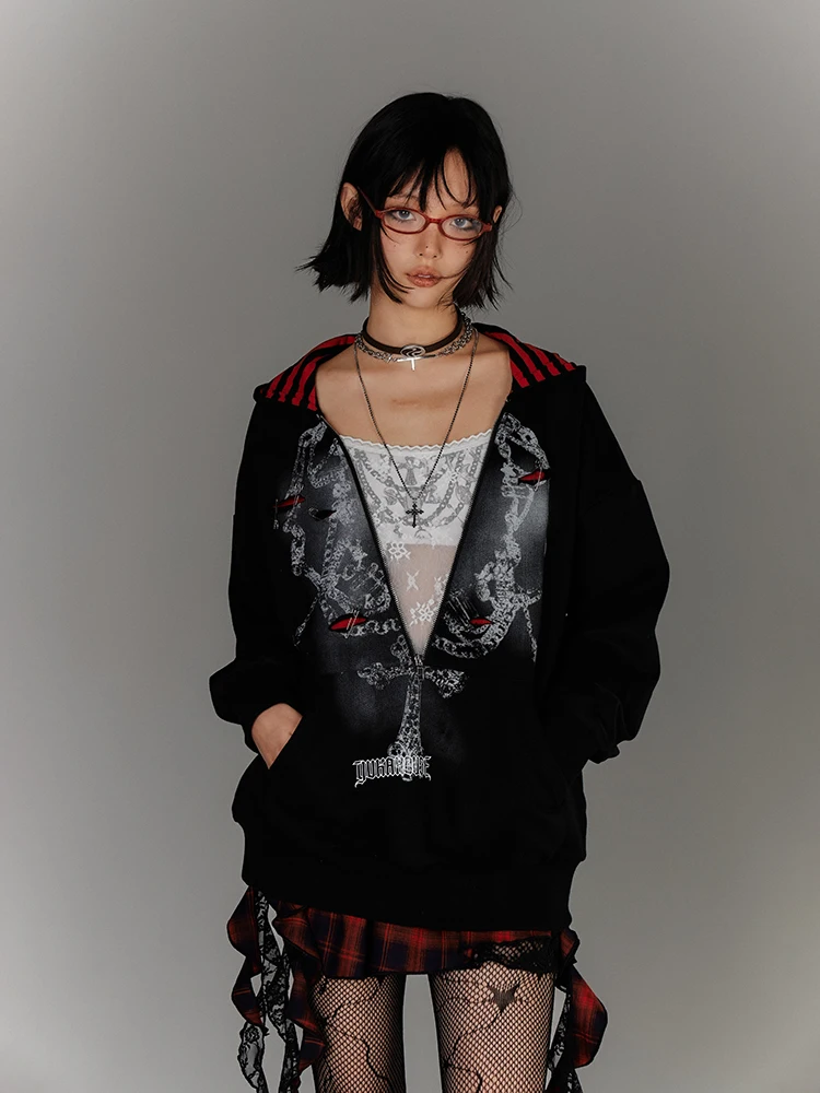 เสื้อฮู้ดดี้ทรงหลวม YUKAHOUSE รุ่นใหม่ ลายทาง ซิปหน้า สไตล์สาวทันสมัย Y2K เสื้อผ้าผู้หญิง ผ้าผสมคอตตอนและโพลีเอสเตอร์ สำหรับฤดูใบไม้ผลิ