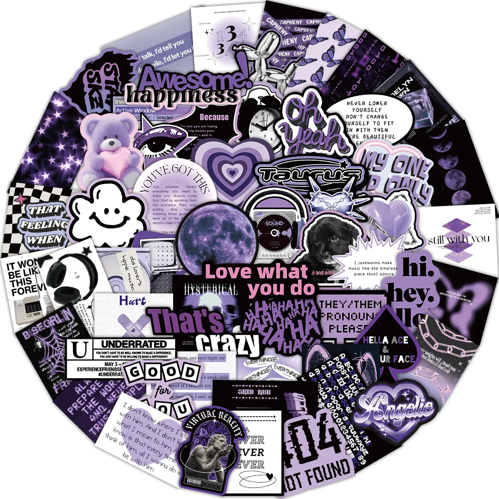 60PCS Ins Style Cool Black Purple Dark Graffiti Stickers Scrapbooking Collage Material DIY Skateboard Helmet Phone Case Stickers