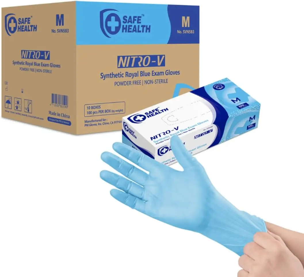 

Disposable Exam Gloves, Nitrile-Vinyl Hybrid, Latex Free, Powder Free, Blue, Medium, Case of 1000