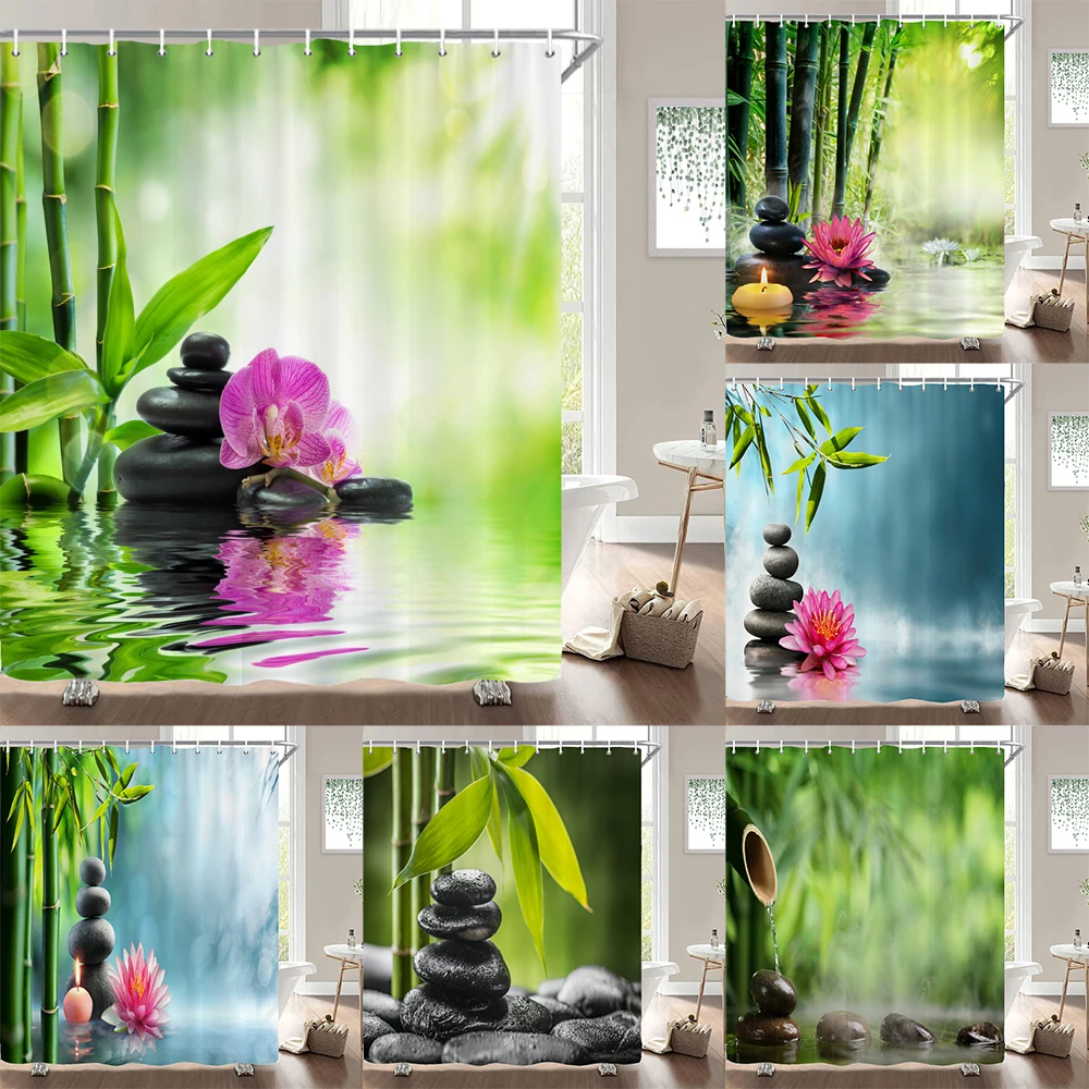 

Landscape Creek Bamboo Stone Shower Curtains Bathroom Curtains Waterproof Polyester Frabic Green Plants Bath Curtain 240X180cm