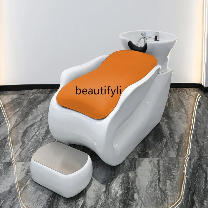 xx1Simple Ceramic Design Shampoo Chair Automatic Hair Salon for Hair Salon Ceramic Basin Shampoo Flush Massage Integrated