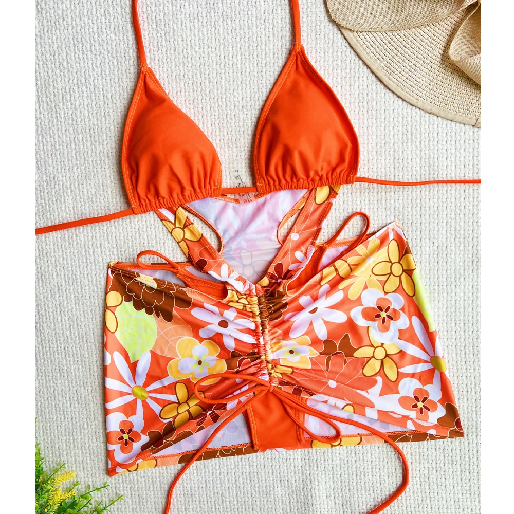 VigorCasey Sexy Orange Halter 3PCS Print Skirt Bikini Set Stroje kąpielowe Kobiety 2025 High Cut Push Up Strój kąpielowy bez pleców