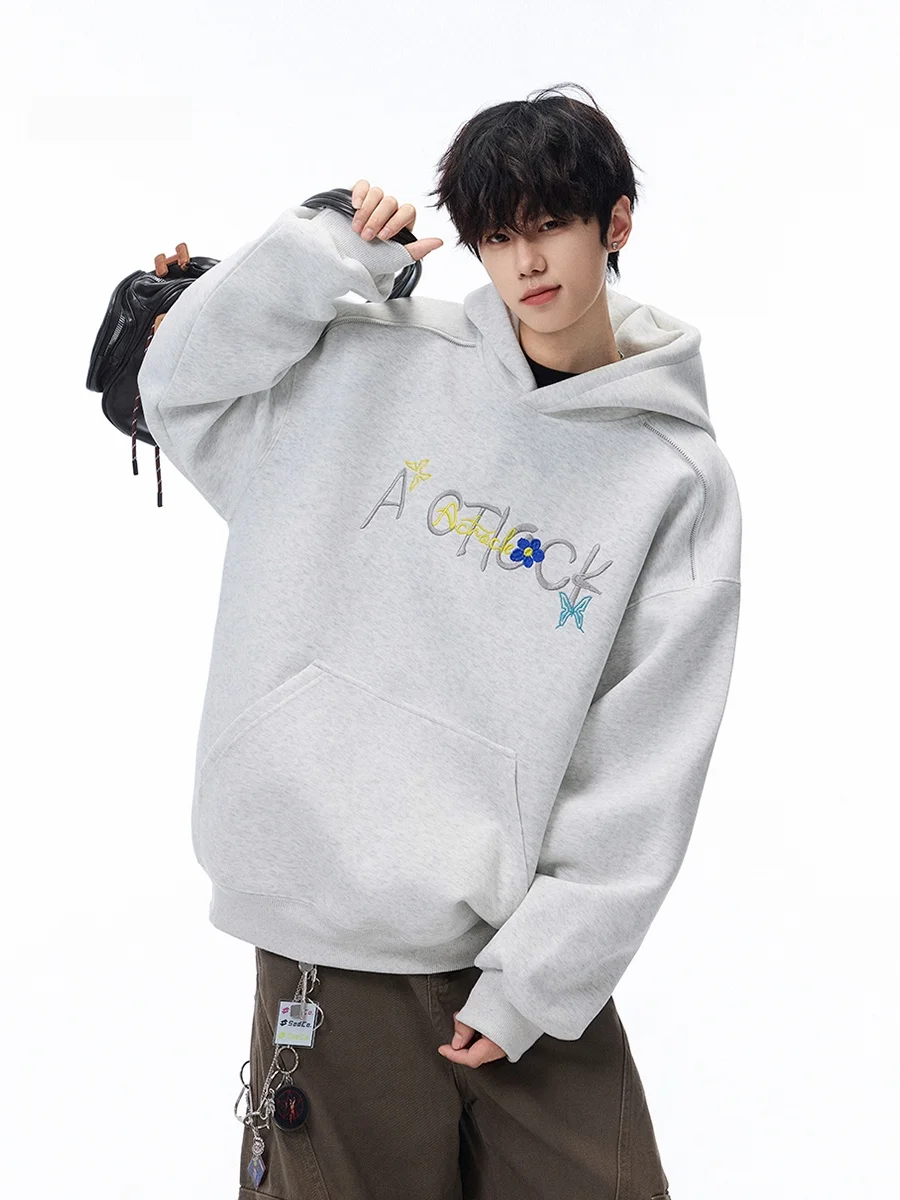 

Retro American Embroidered Hoodie Men's Heavyweight Hiphop Loose Pure Color Hooded Sweatirt Outerwear for Autumn