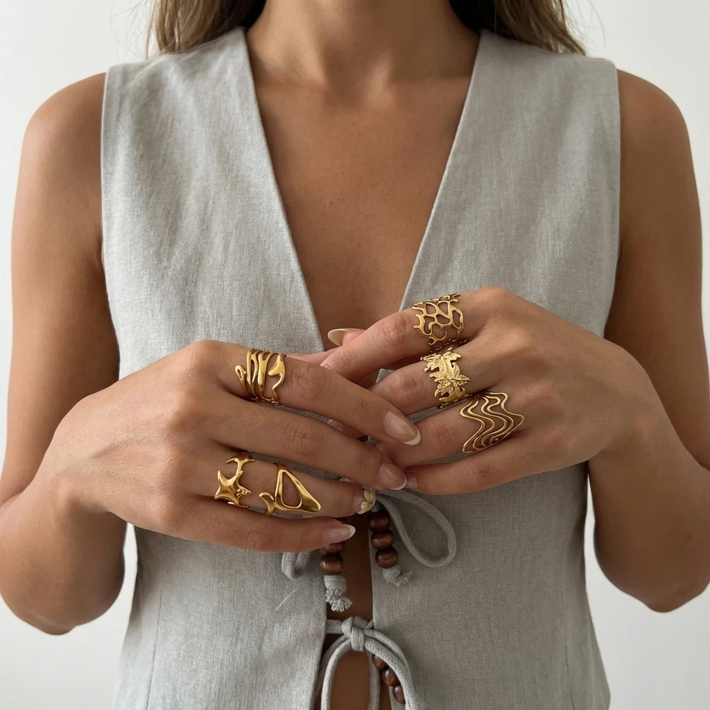 Gmai Delikates, unregelmäßiges, PVD-beschichtetes Edelstahl-Ringset für Damen, Vintage-geometrische Manschettenringe, wasserdichter Schmuck, Geschenk – Detail 3