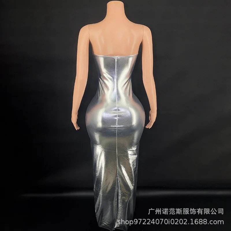 Zilver glanzend slank slank gala-avond muziekfestival zanger liedpak live house prestatiepak verjaardagsoutfits avondjurken