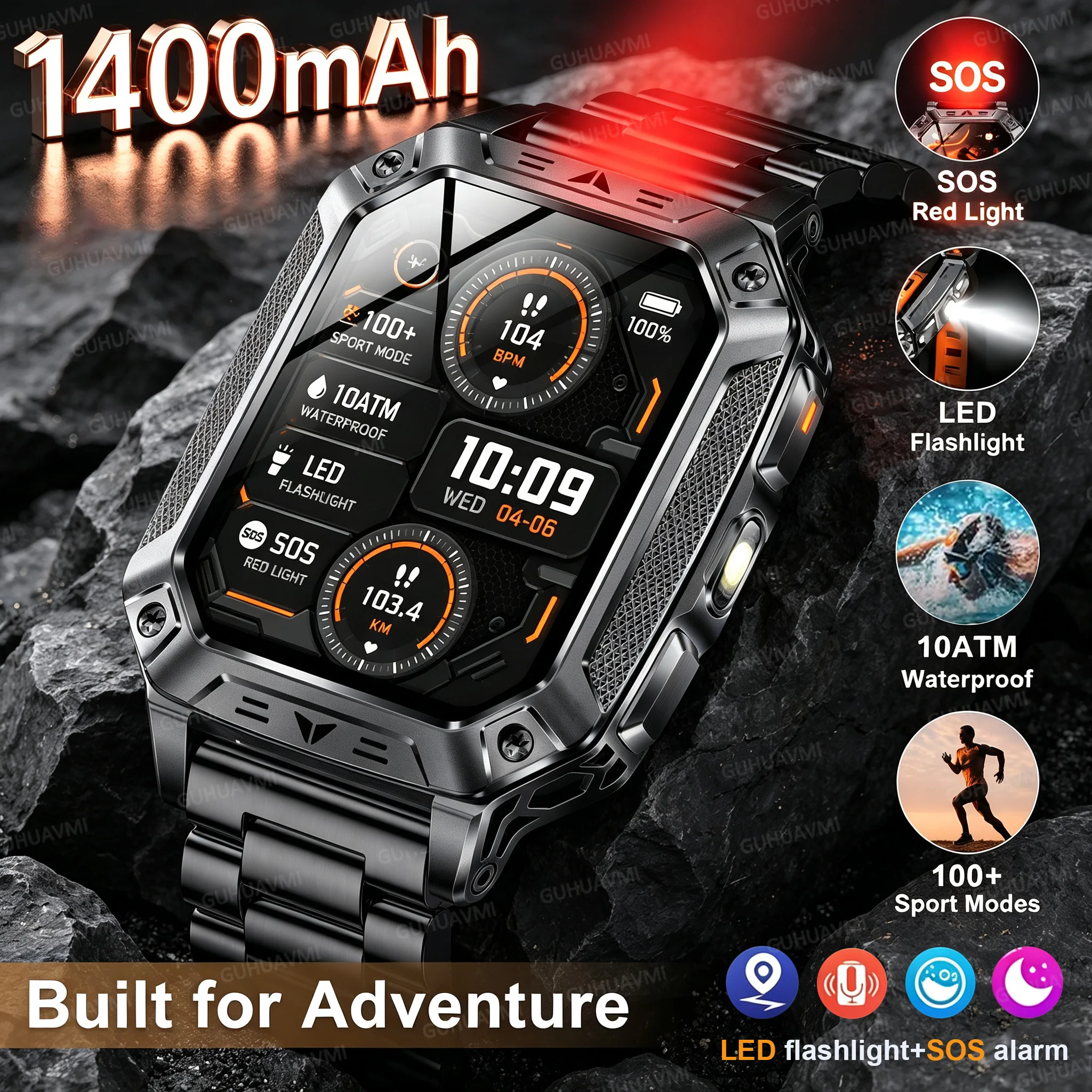 New 1400mAh Big Battery Smart Watch Men Outdoor SOS alarm Flicker 100m Waterproof BT Call AMOLED Military Sports Smartwatch Men