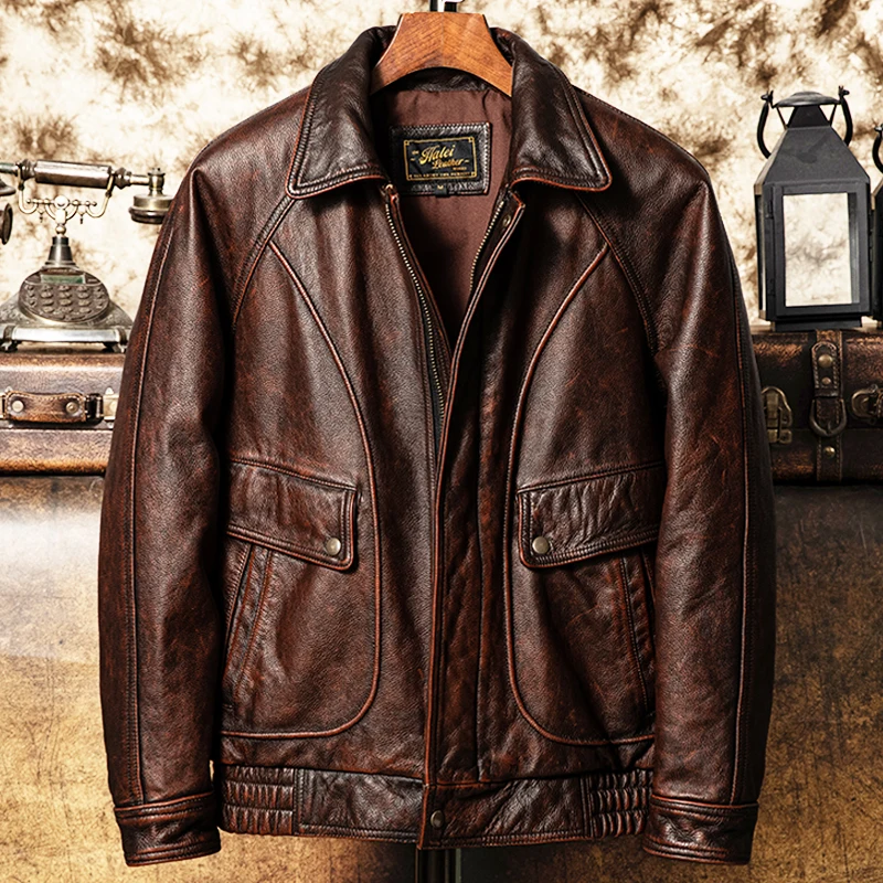 

Red Brown Winter Leather Jacket Men Vintage Style Plus Size 5XL Genuine Natural Cowhide Turn-Down Collar Flight Leather Coat